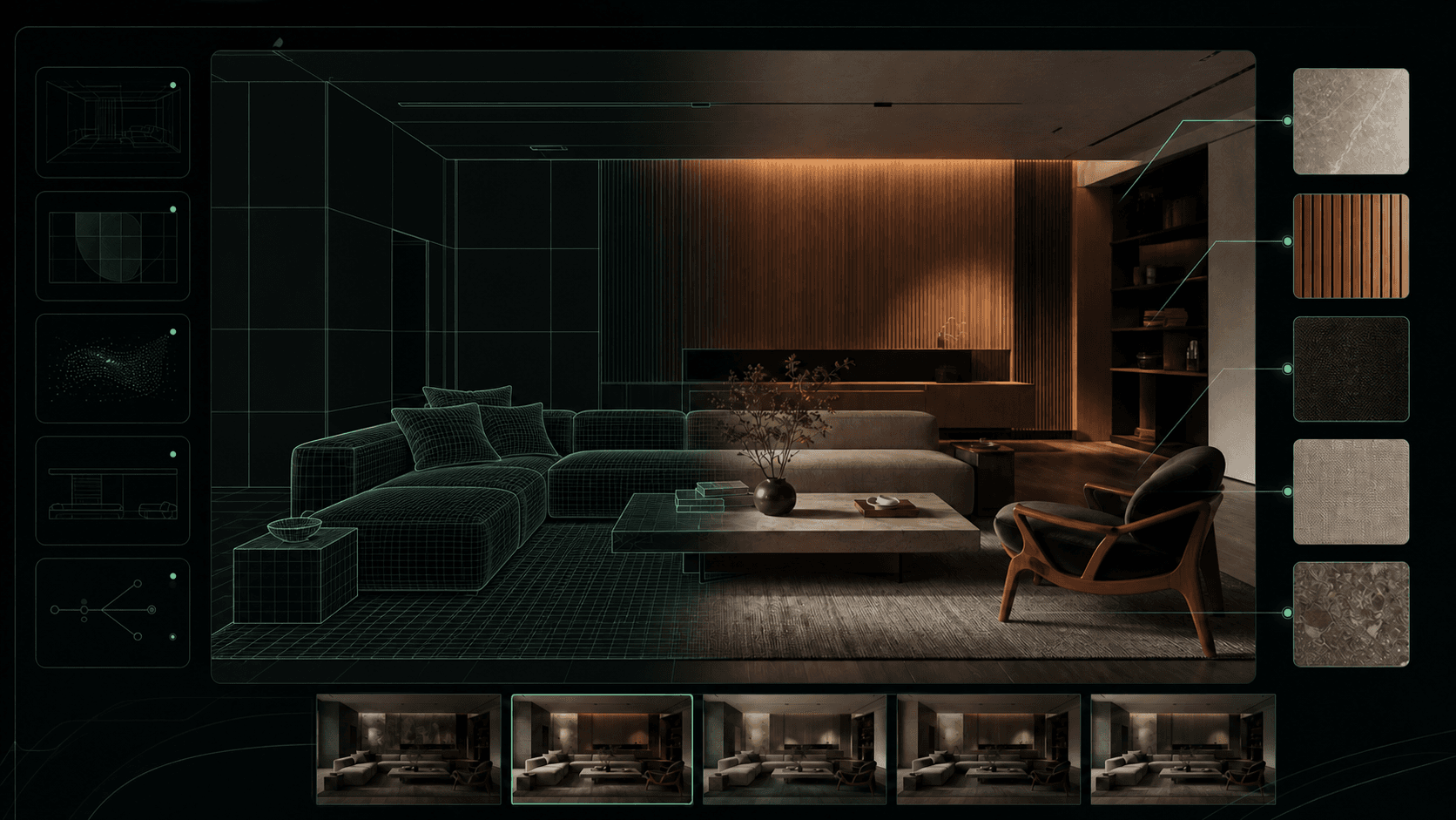 An AI design studio turning a floor plan into furnished renders